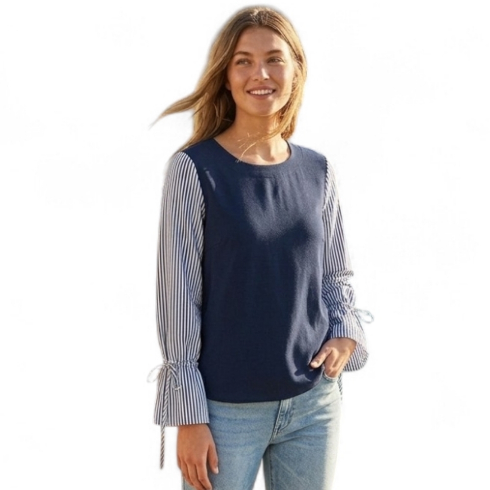 ROSEBULLET Navy Striped Mixed Media Bell Sleeve Blouse Size 8 Coastal